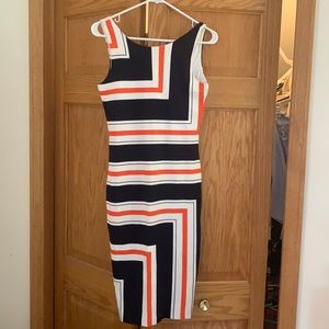 H&M navy blue and orange geometric midi dress
